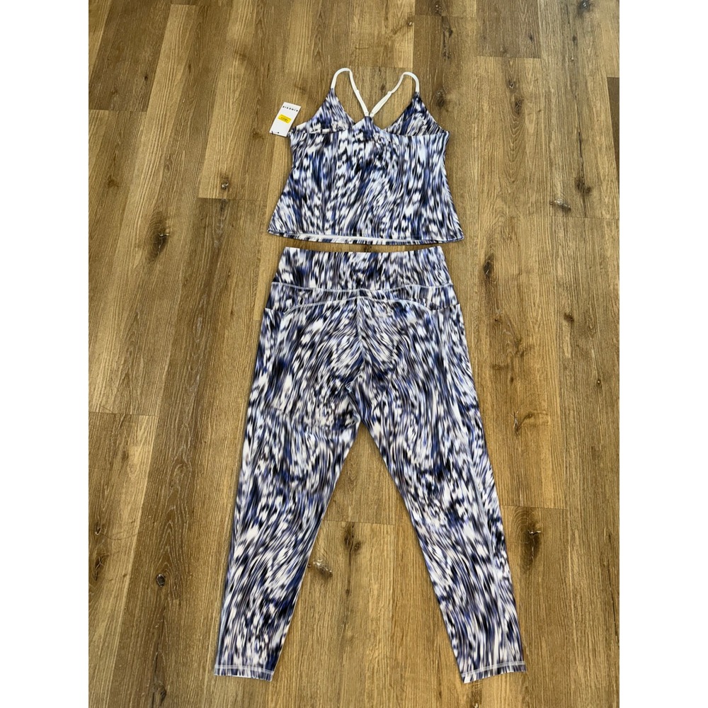 Kinesis Abstract Print Activewear Set Women 1X Blue White Tank Leggings Pockets - Picture 8 of 10